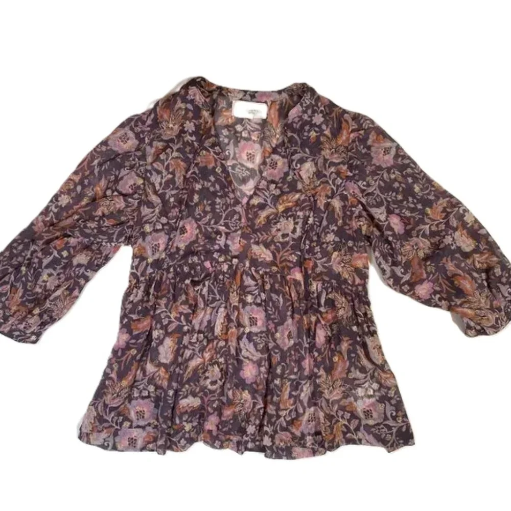 Dear John Malia Top Golden Iris Floral Multi Flowy Boho Semi Sheer Size S